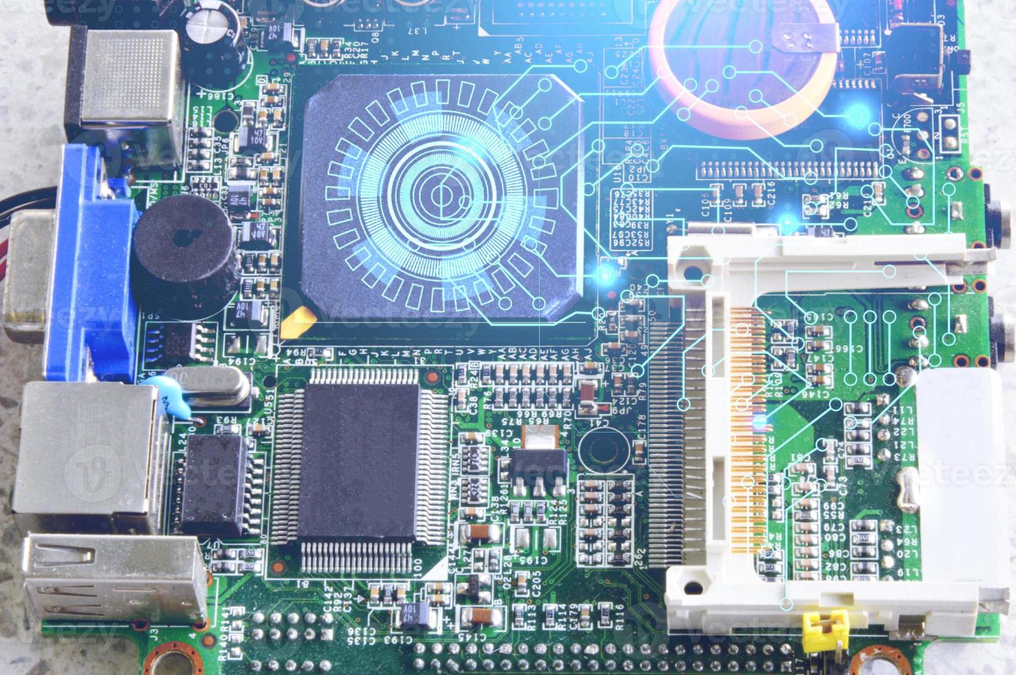 top view of motherboard, computer motherboard, artificial intelligence concept photo