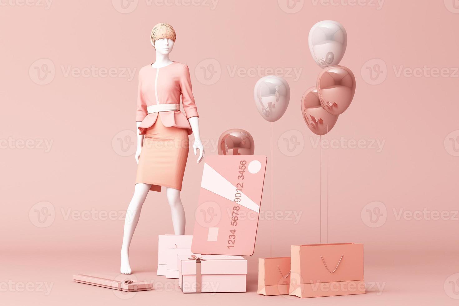 Clothes mannequinson a hanger surrounding by bag and market prop with credit card on the floor. 3d rendering photo