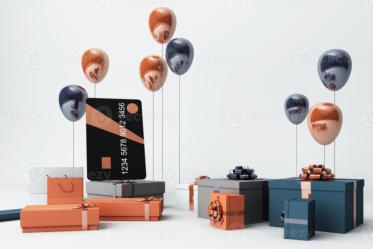 Pink credit card surrounding by a lot of giftboxs and balloons. 3d rendering photo