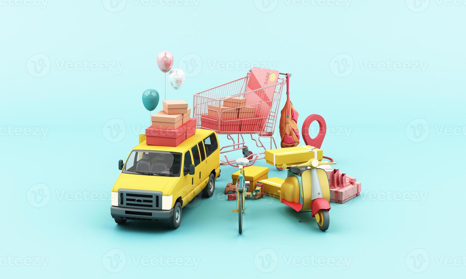 Express delivery concept  Delivery by yellow  scooter motorcycle and yellow  van with location mobile application E-commerce concept with shopping cart on blue background 3d rendering photo