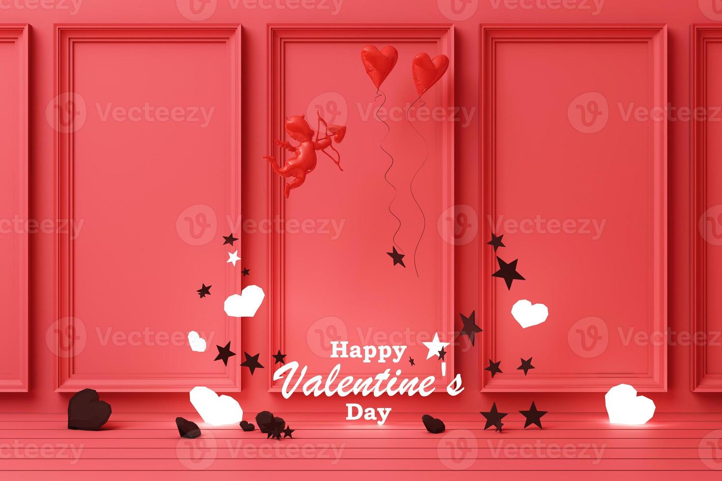 Valentine's day concept background with red and pink hearts star rose with white square frame and love decoration 3d rendering photo