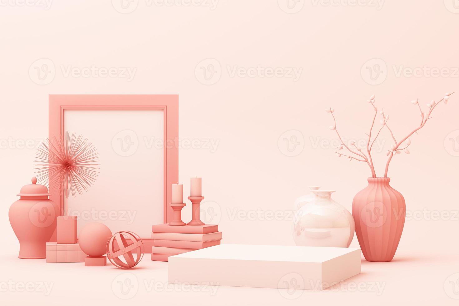 escena de color rosa pastel de forma geométrica abstracta mínima con decoración y accesorios, diseño para exhibición de cosméticos o productos podio 3d render foto