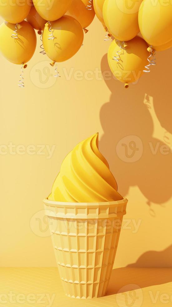 Milk ice cream with sweet wafer cone on turquoise color background minimal concept 3d rendering photo