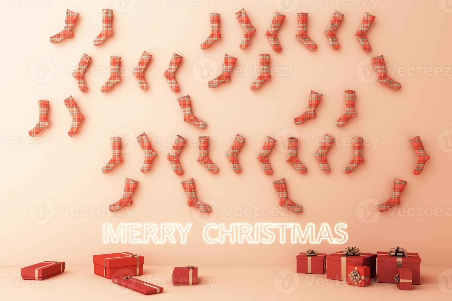 Christmas tree with decorations and gift boxes. 3d rendering photo