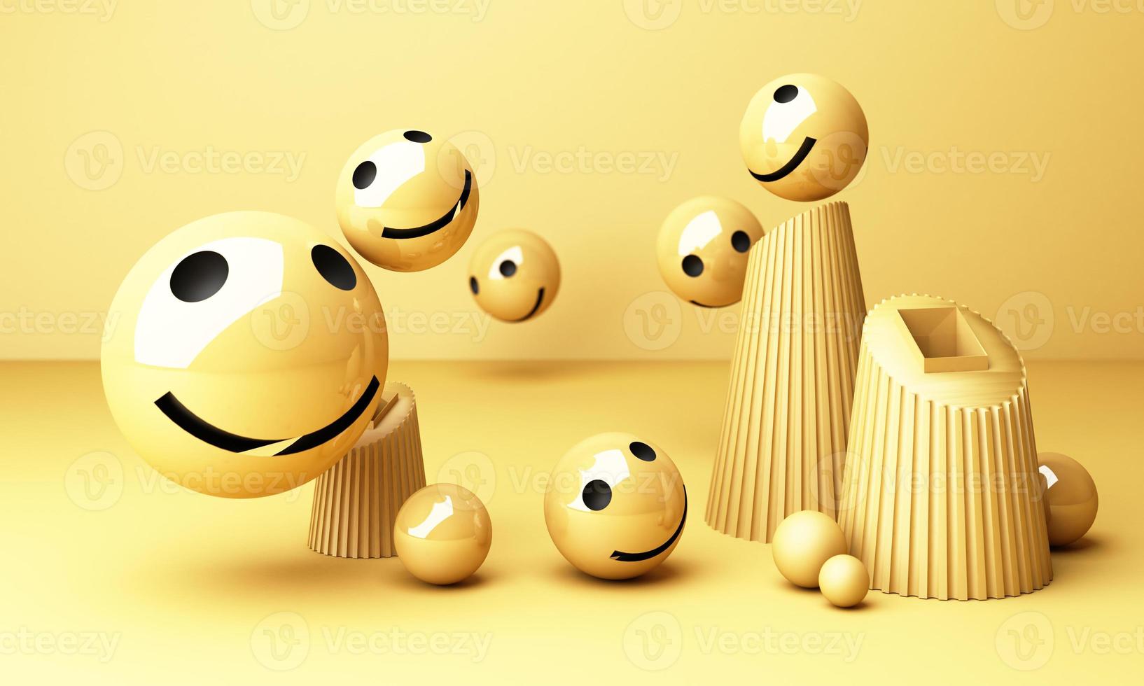 High quality emoticon isolated on yellow background.Emoticon with headphones.Yellow face with headphones. 3d rendering photo