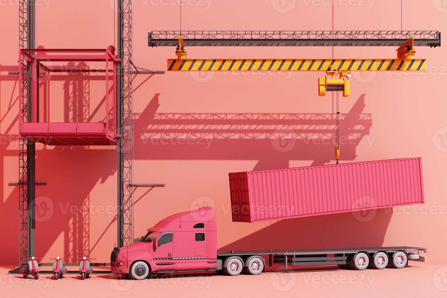 Shipping containers hanging from a crane with trailer and scooter bike and van. 3d global business commerce concept. 3D Rendering photo