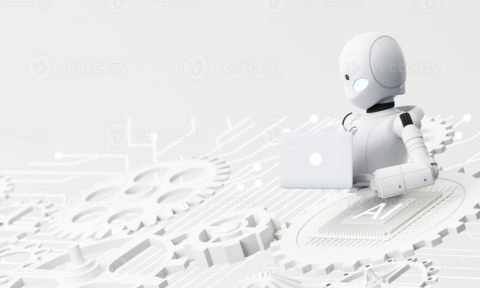 Robot cybernetic organism works with a virtual HUD interface in reality and Ai chip with cogwheel. Humanoid robot with a plastic face presses on the digital screen. Future concept. 3d rendering photo