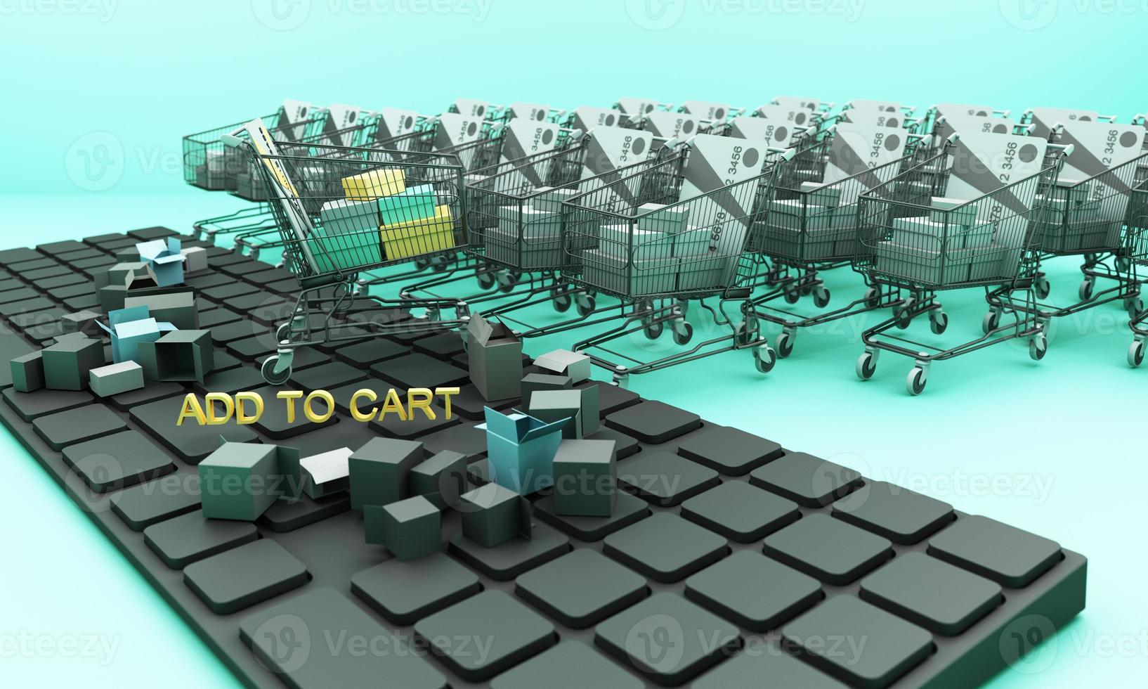 shopping cart on a keyboard with shopping bag and credit card, Ideas about electronic commerce is a transaction of buying or selling goods or services online internet 3d rendering photo