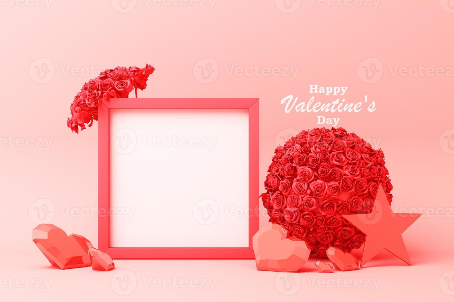 Valentine's day concept background with Balloon dog red and pink hearts star rose with white square frame and love decoration 3d rendering photo