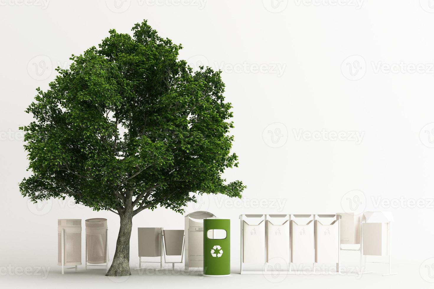 The tree is surrounded by many recyclable bins on a white background. 3D rendering. photo