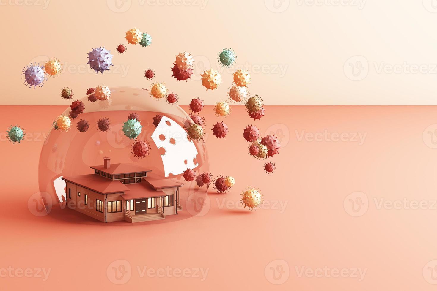 Stay home Keep calm Slogan House in a glass bullet protecting Danger outside the shell virus outside Combating coronavirus Fighting the spread of 2019 nCoV 3d rendering photo