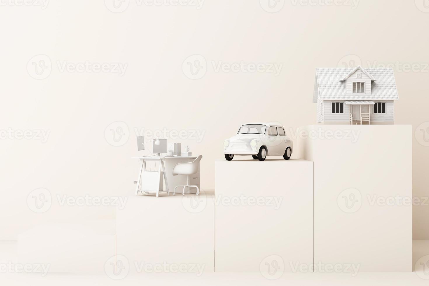 Thinking about home, car and work with another empty space on the yellow pedestal, the concept of life 3D rendering photo