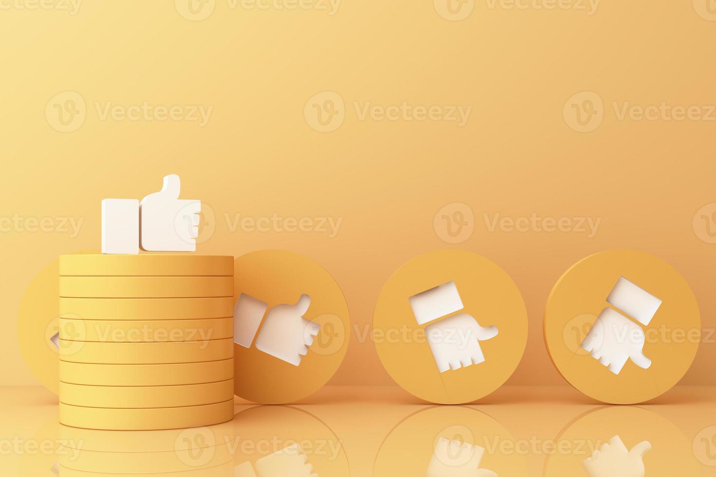 Thumb up symbol, finger up icon, like icon on yellow geometric shapes. 3d rendering photo