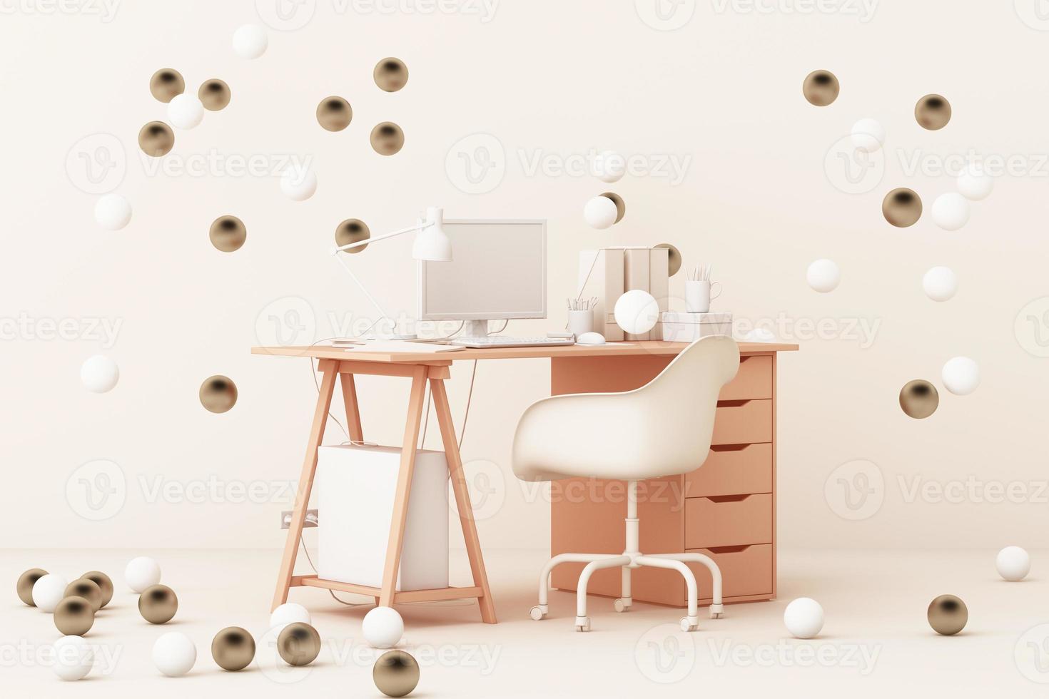Thinking about home, car and work surrounding by many gold and white ball. 3d rendering photo