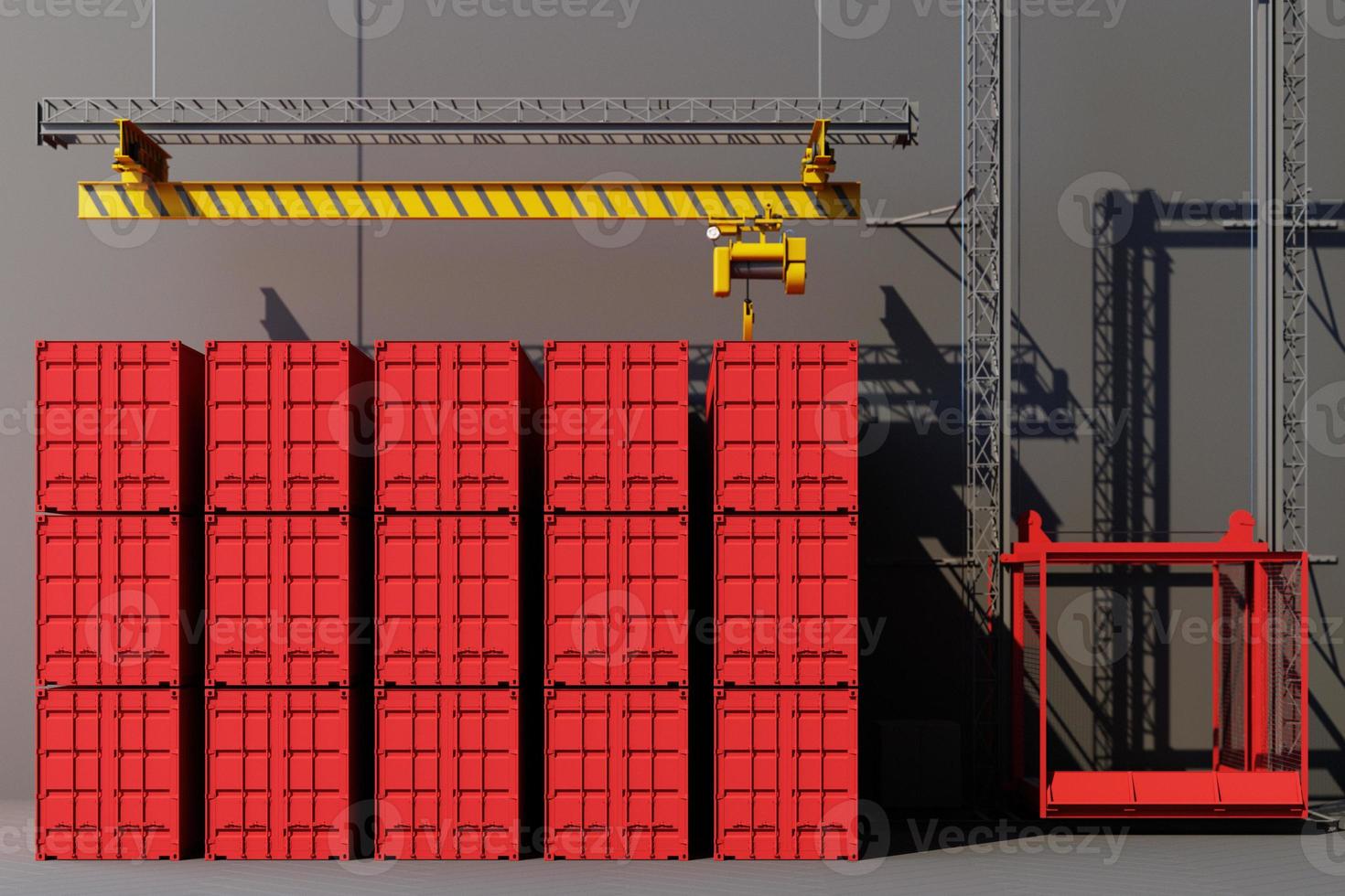 Shipping containers hanging from a crane with trailer and scooter bike and van. 3d global business commerce concept. 3D Rendering photo