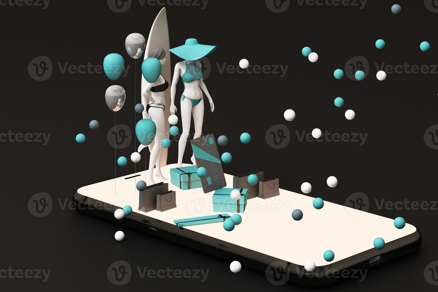 Mannequin on smart phone surrounded by shopping bag and the gift box with credit card on the black backdrop.-3d rendering photo