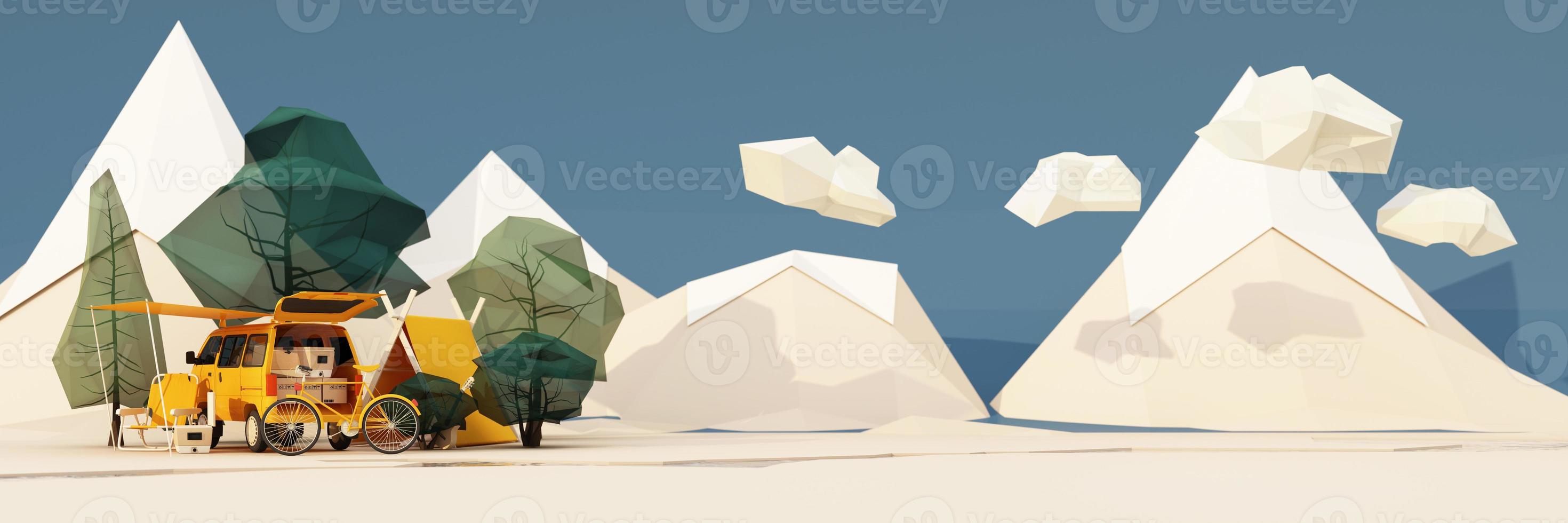 low poly cartoon style. Mobile homes van and tents camping in the national park, bicycles, ice buckets, guitars and chairs, and trees with clouds and mountains on background. 3d render wide screen photo