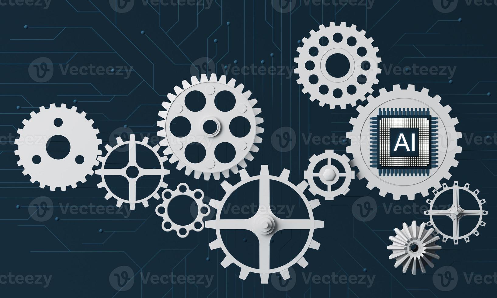 Artificial intelligence web banner. of a processor chip. The process of data processing. Developments in modern technologies. Microcircuits on neon glowing background. 3D rendering photo