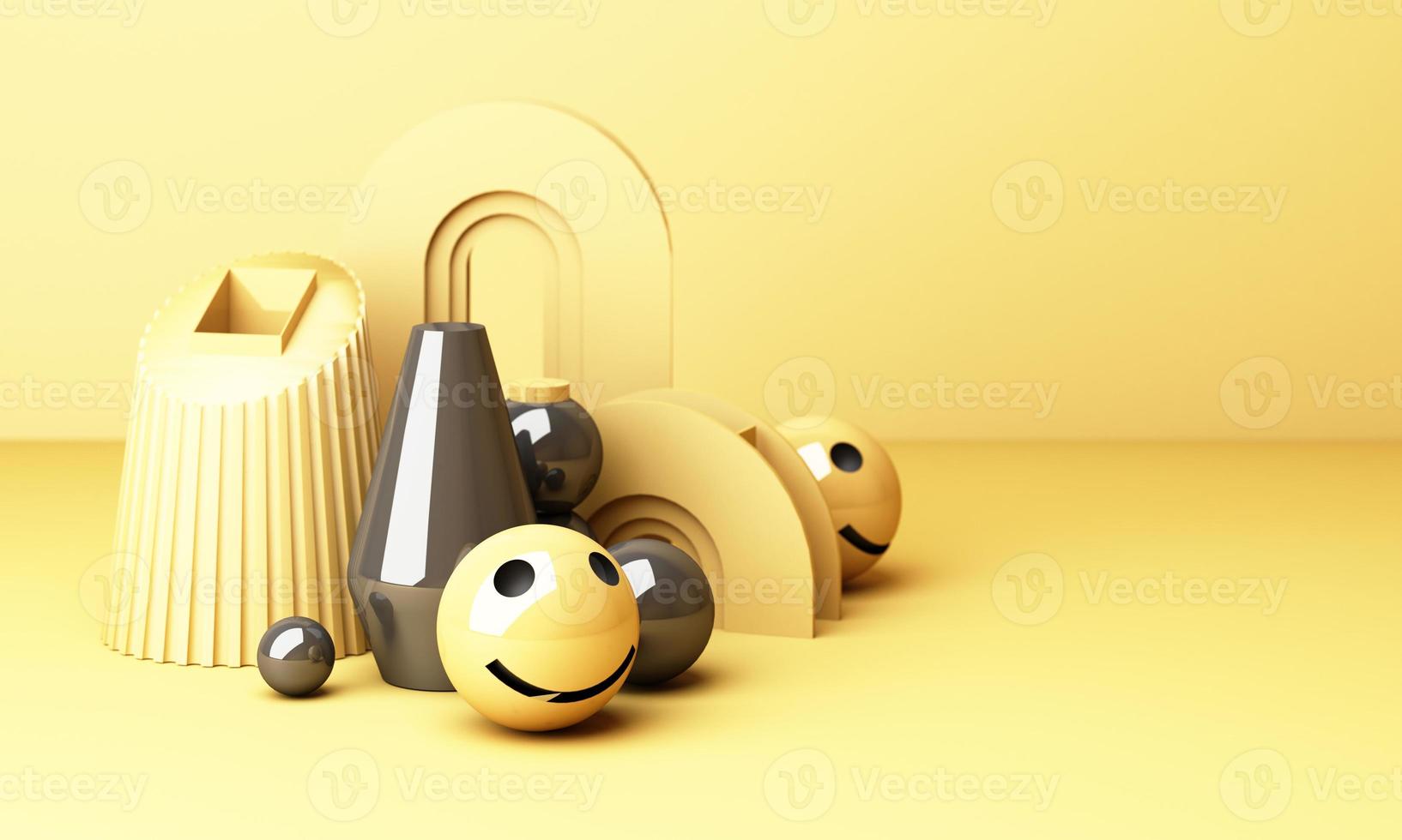 High quality emoticon isolated on yellow background.Emoticon with headphones.Yellow face with headphones. 3d rendering photo