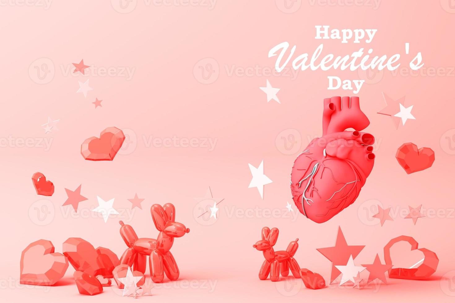 Valentine's day concept background with Balloon dog red and pink hearts star rose with white square frame and love decoration 3d rendering photo