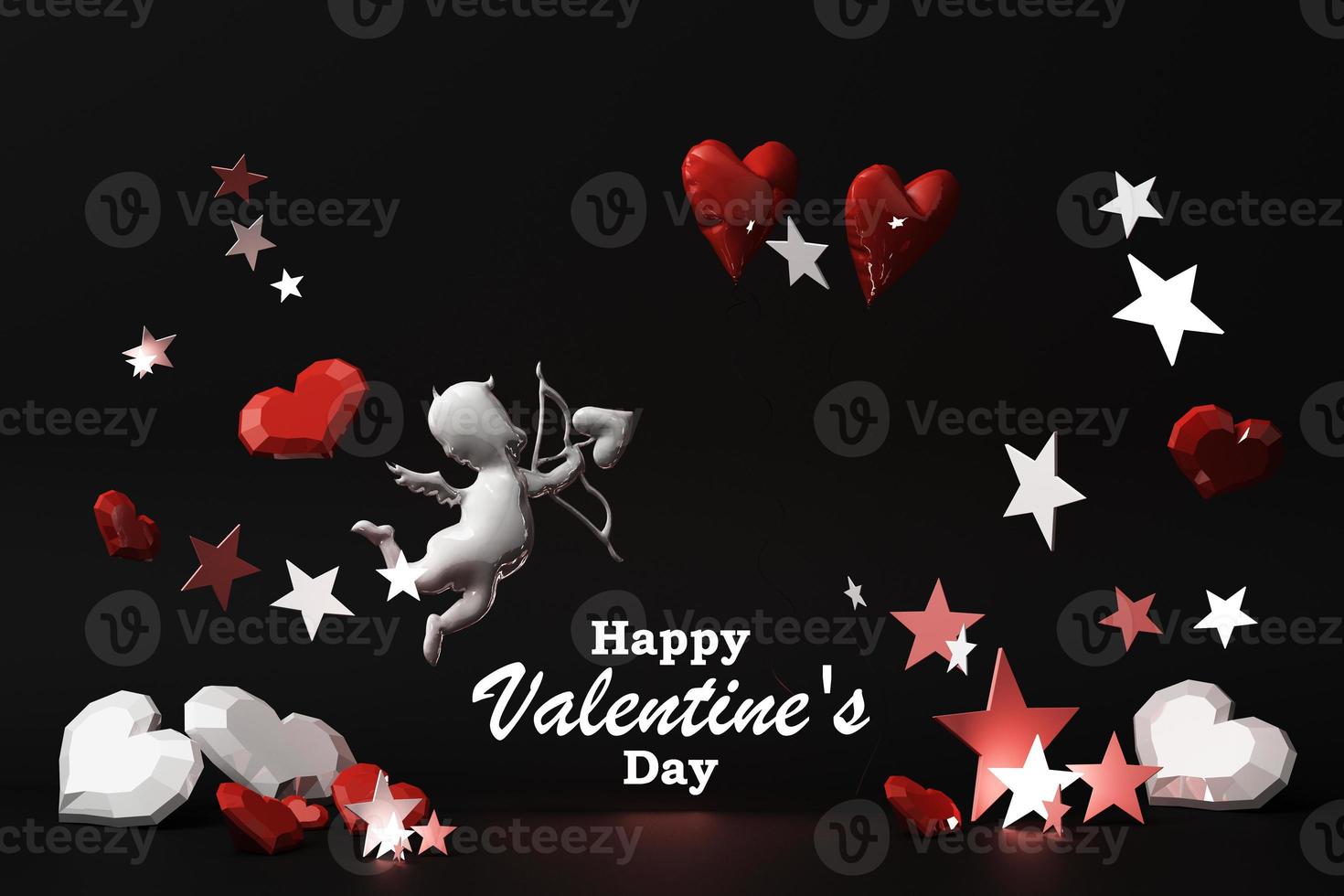 Valentine's day concept background with Balloon dog red and pink hearts star rose with white square frame and love decoration 3d rendering photo