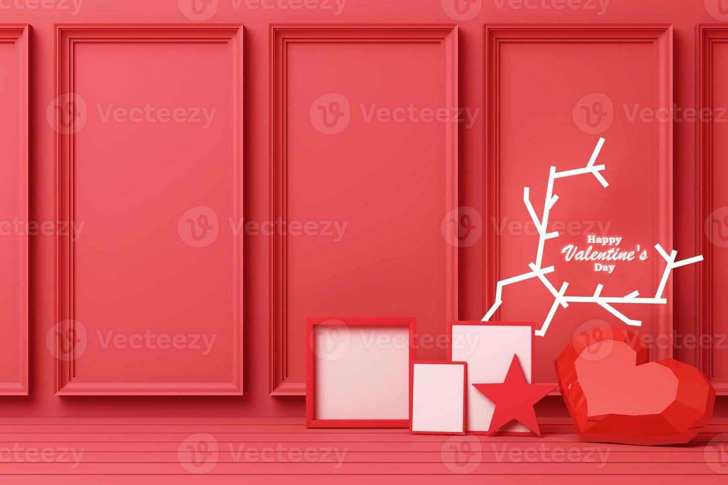 Valentine's day concept background with red and pink hearts star rose with white square frame and love decoration 3d rendering photo
