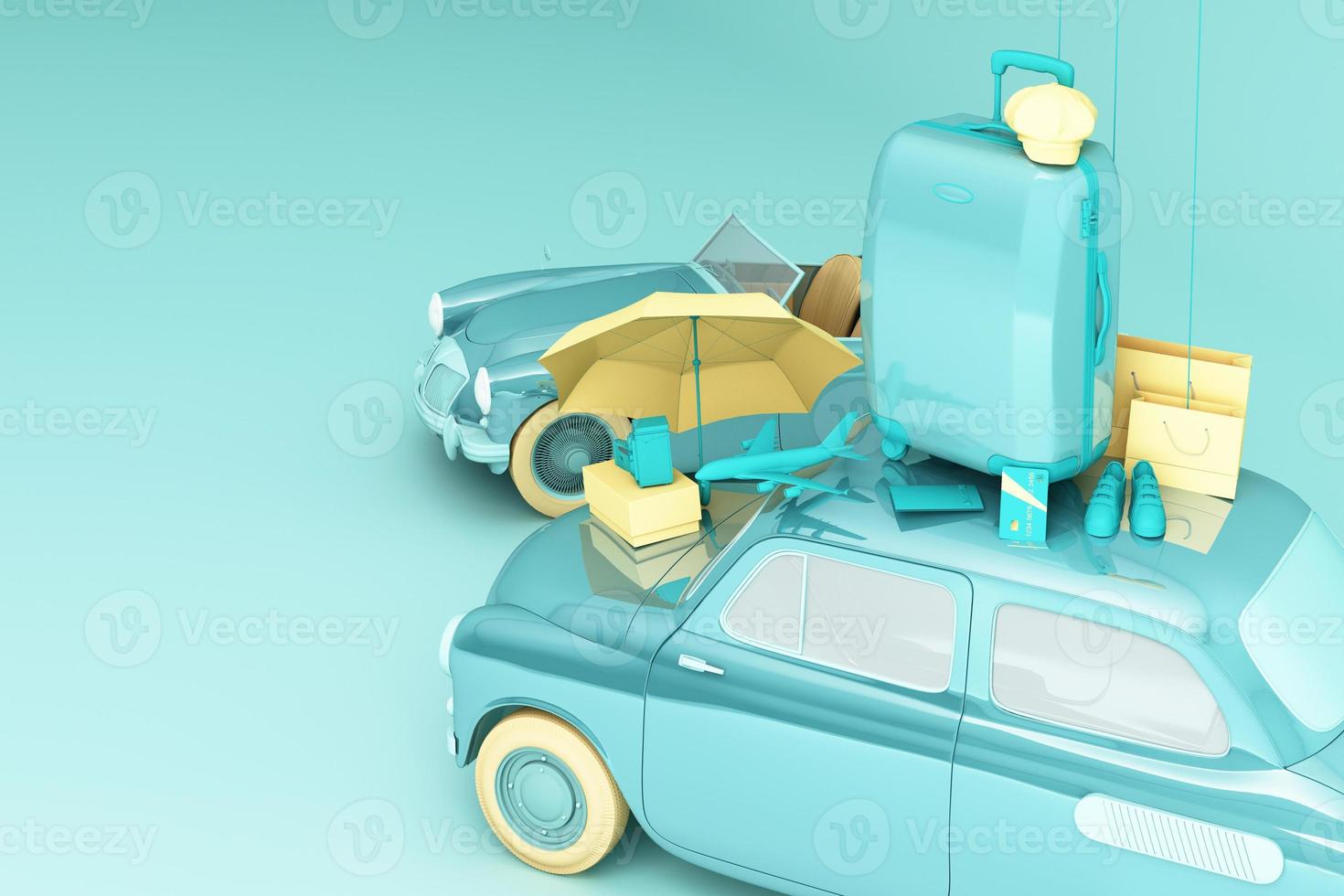 Concept retro car with luggage surrounded by travel equipment in green color tone. 3d rendering photo
