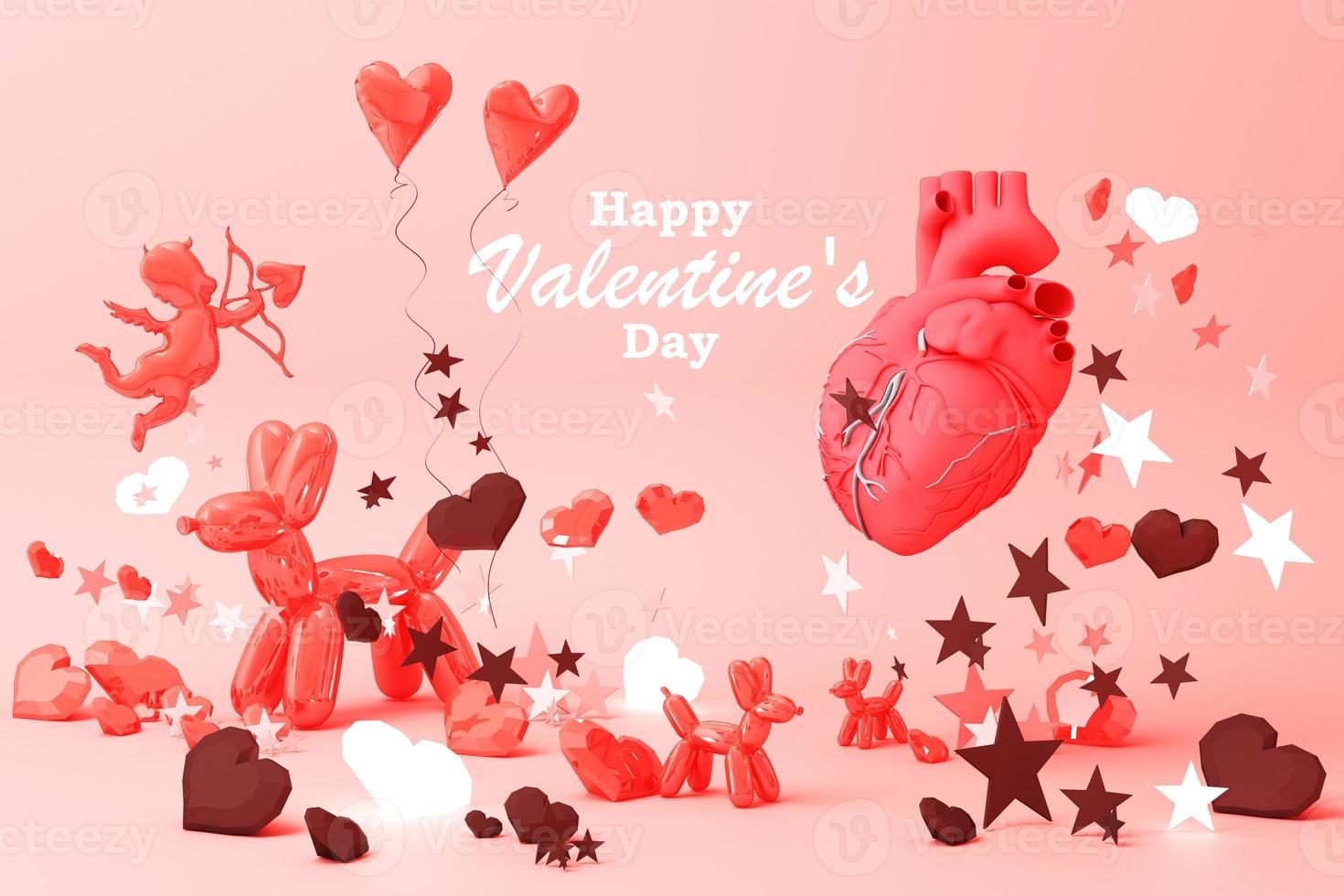 Valentine's day concept background with Balloon dog red and pink hearts star rose with white square frame and love decoration 3d rendering photo