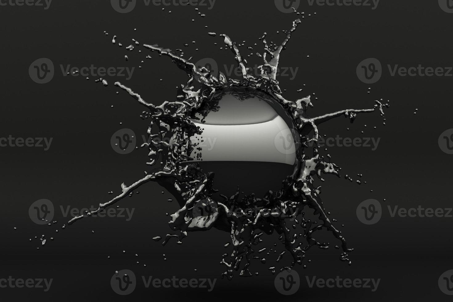Abstract black water ball splash isolated on yellow background. 3d rendering photo