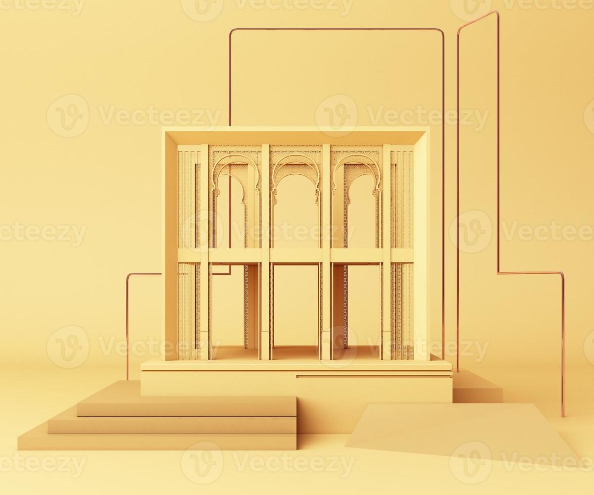 3d render, primitive shapes, abstract geometric background, minimal mock up, blank template, gold metal line, empty showcase, with pastel colors photo