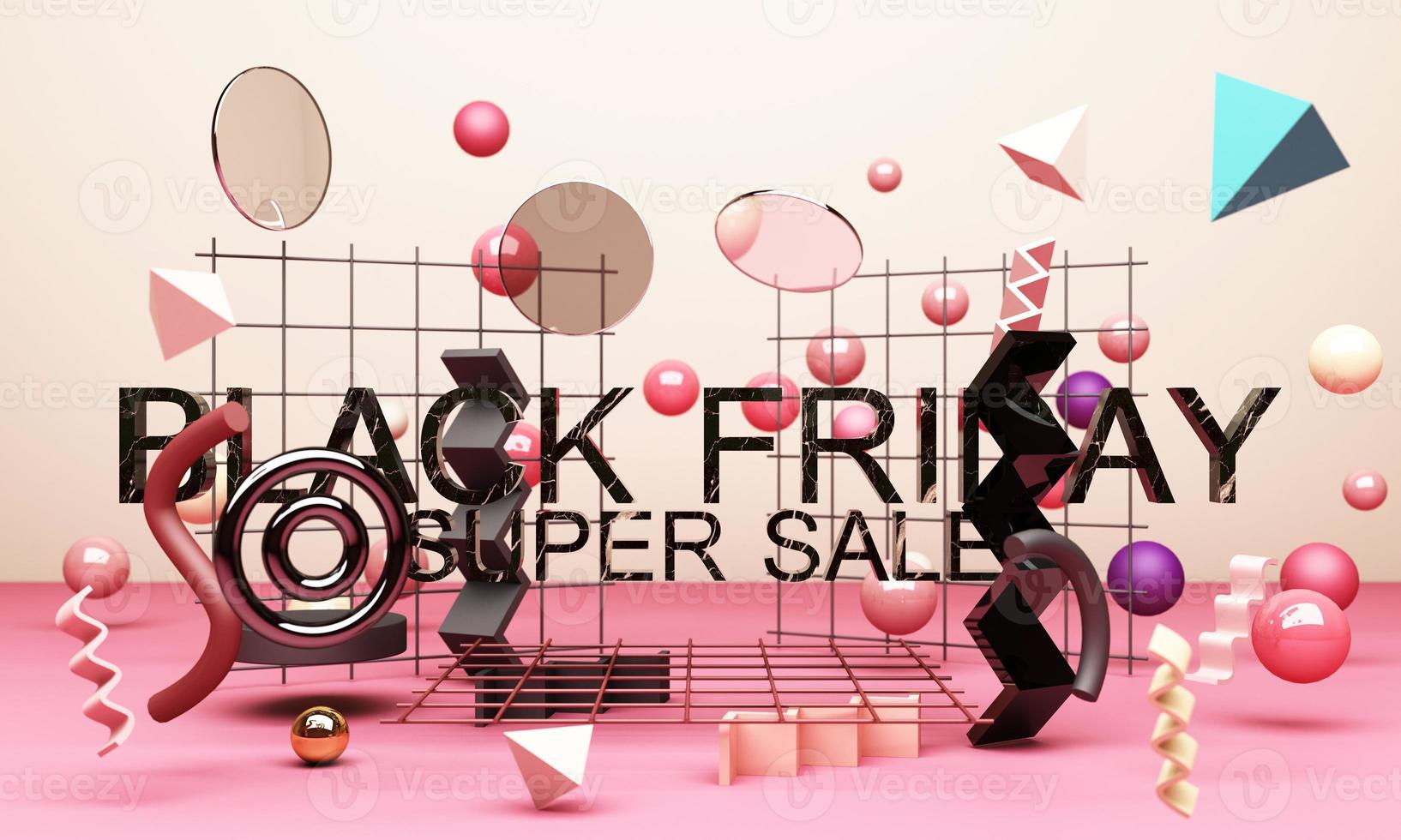 Black Friday Poster or banner with geometric shape in black and yellow neon lighting colour concept 3d rendering photo