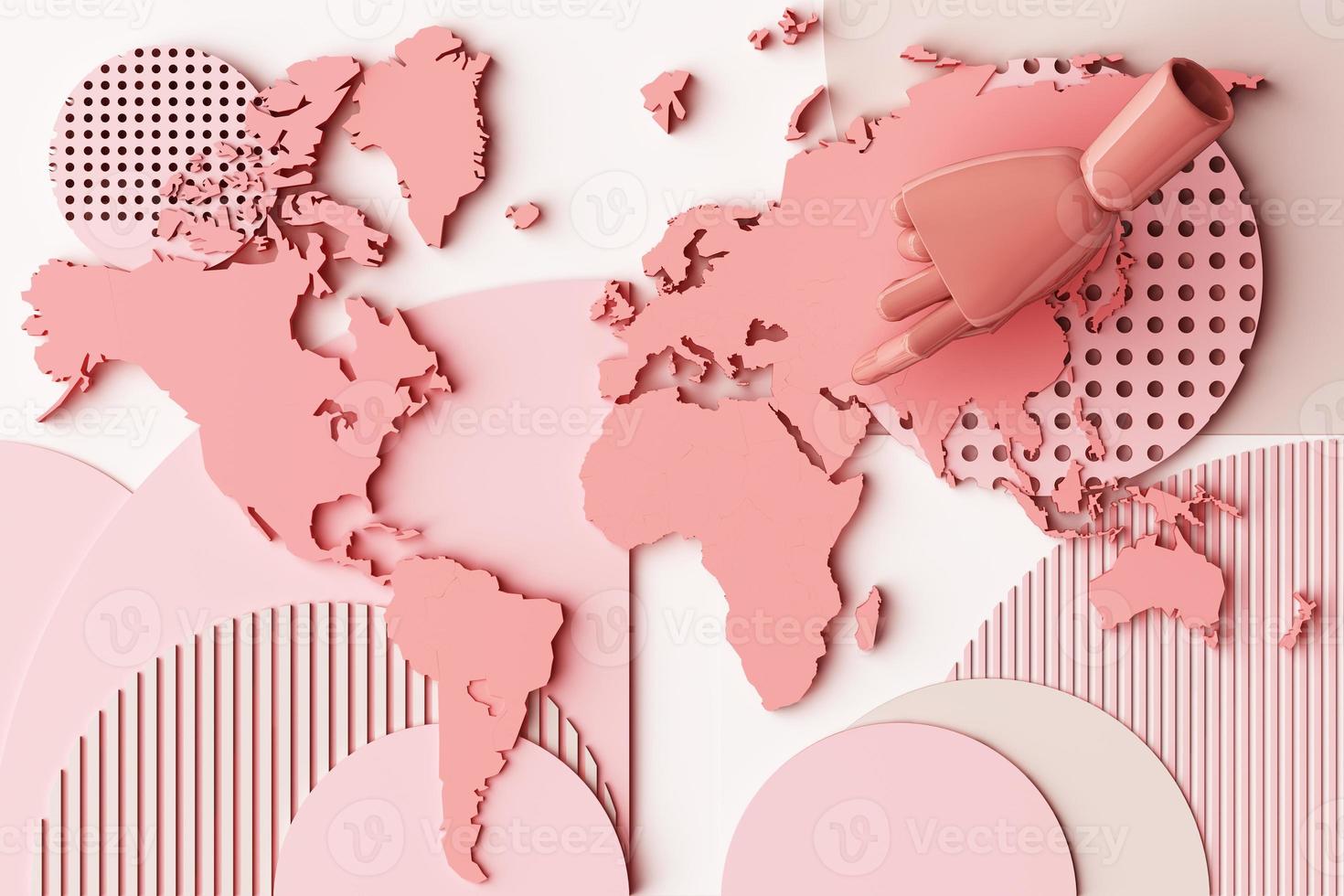 World map with human's hand concept abstract composition of geometric shapes platforms in black tone. 3d rendering photo