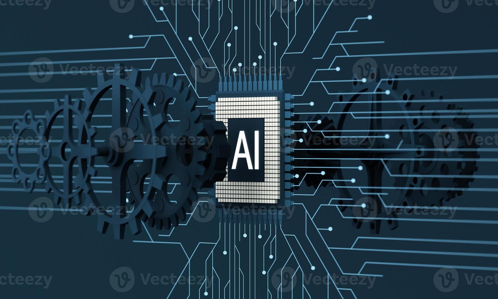 Artificial intelligence web banner. of a processor chip. The process of data processing. Developments in modern technologies. Microcircuits on neon glowing background. 3D rendering photo