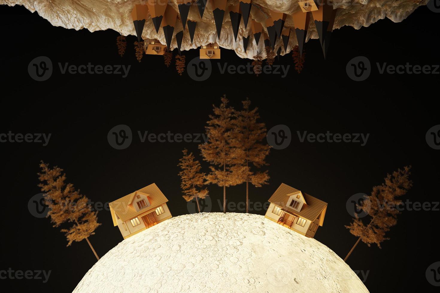 Scary house on the hill trees and full moon. concept of Halloween orange tone background. 3d rendering photo