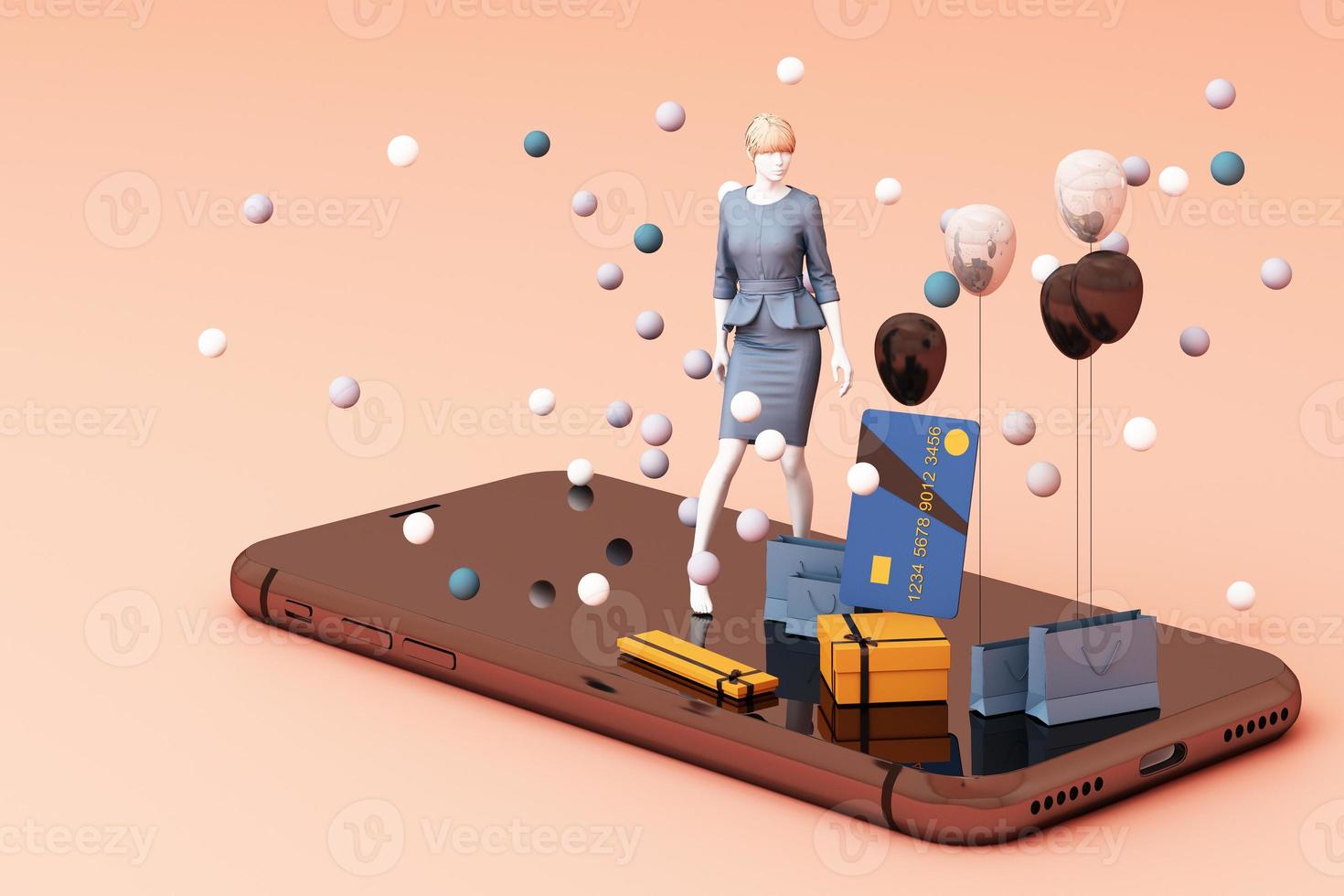 Mannequin on smart phone surrounded by shopping bag and the gift box with credit card on the black backdrop.-3d rendering photo
