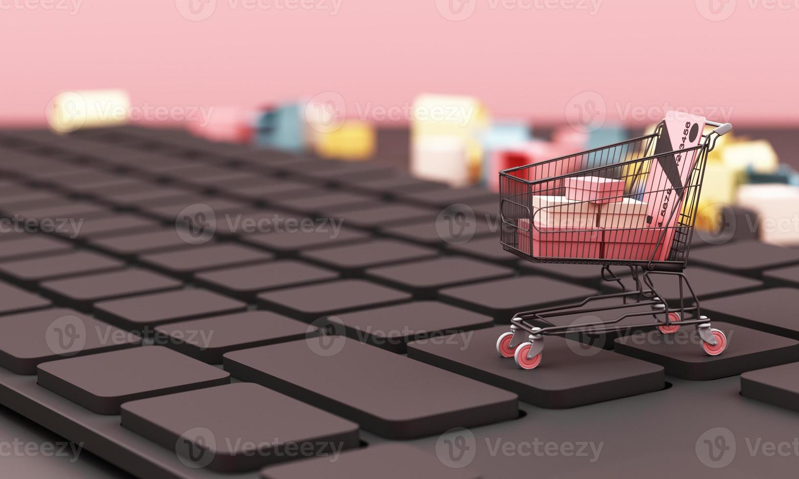 shopping cart on a keyboard with shopping bag and credit card, Ideas about electronic commerce is a transaction of buying or selling goods or services online internet 3d rendering photo