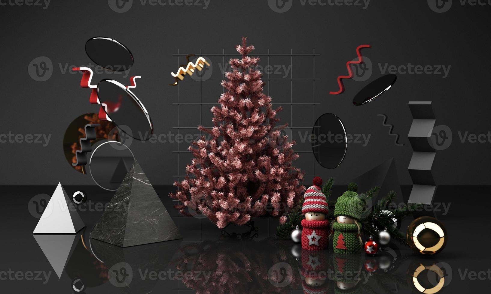 christmas greeting card template with Christmas tree and candy giftbox surounding by geometric shape gold and black texture 3d rendering photo