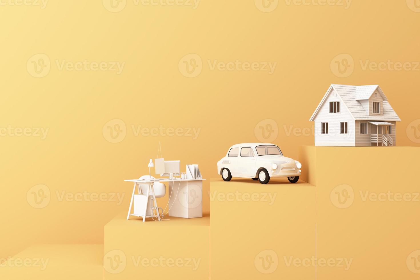 Thinking about home, car and work with another empty space on the yellow pedestal, the concept of life 3D rendering photo