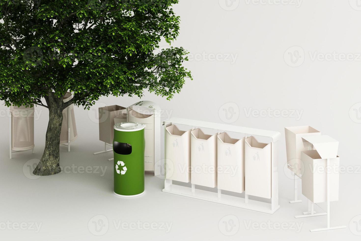 The tree is surrounded by many recyclable bins on a white background. 3D rendering. photo