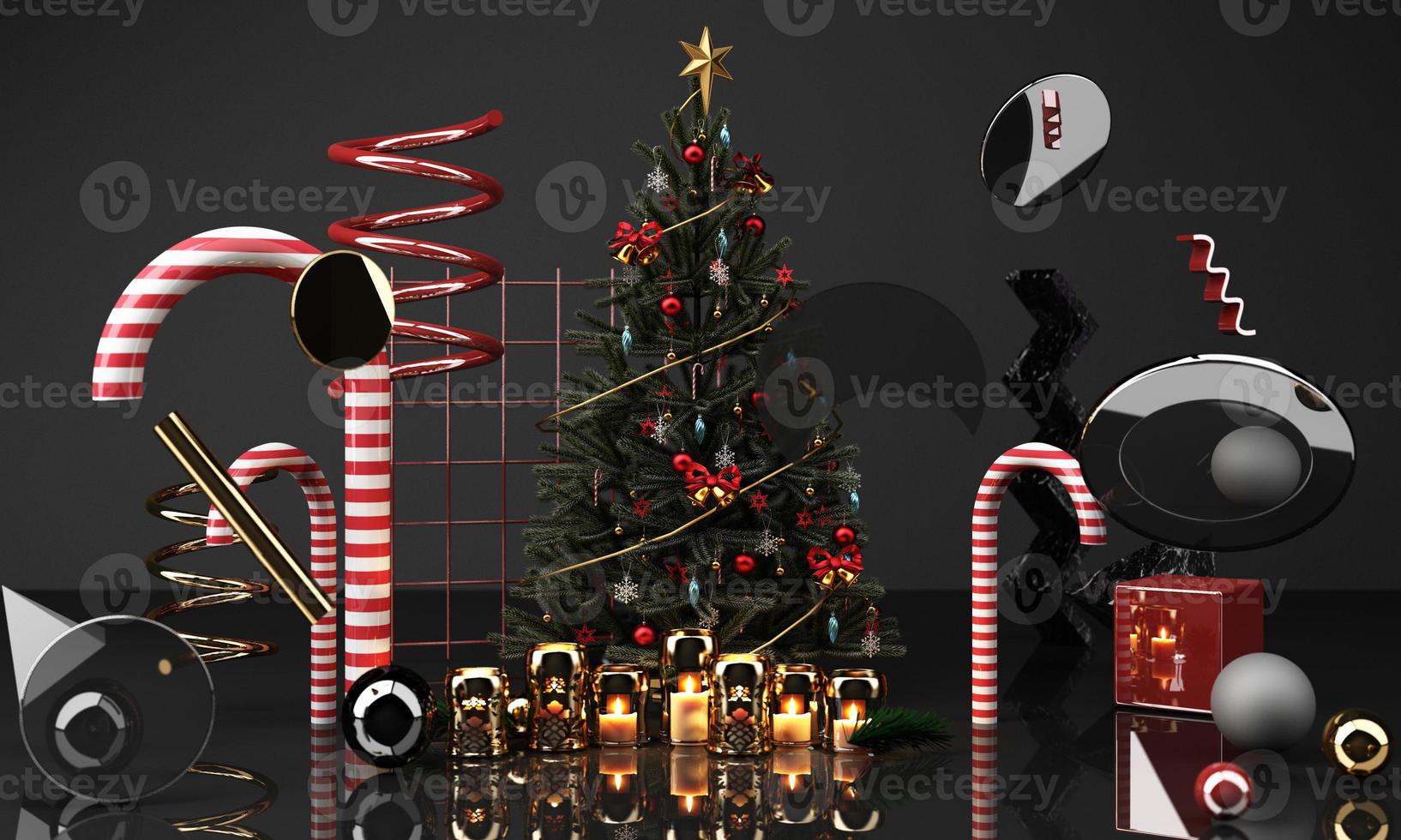 christmas greeting card template with Christmas tree and candy giftbox surounding by geometric shape gold and black texture 3d rendering photo