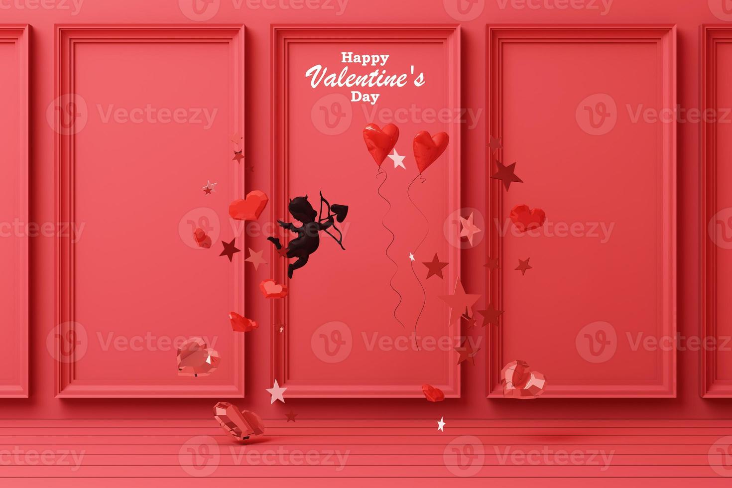 Valentine's day concept background with red and pink hearts star rose with white square frame and love decoration 3d rendering photo