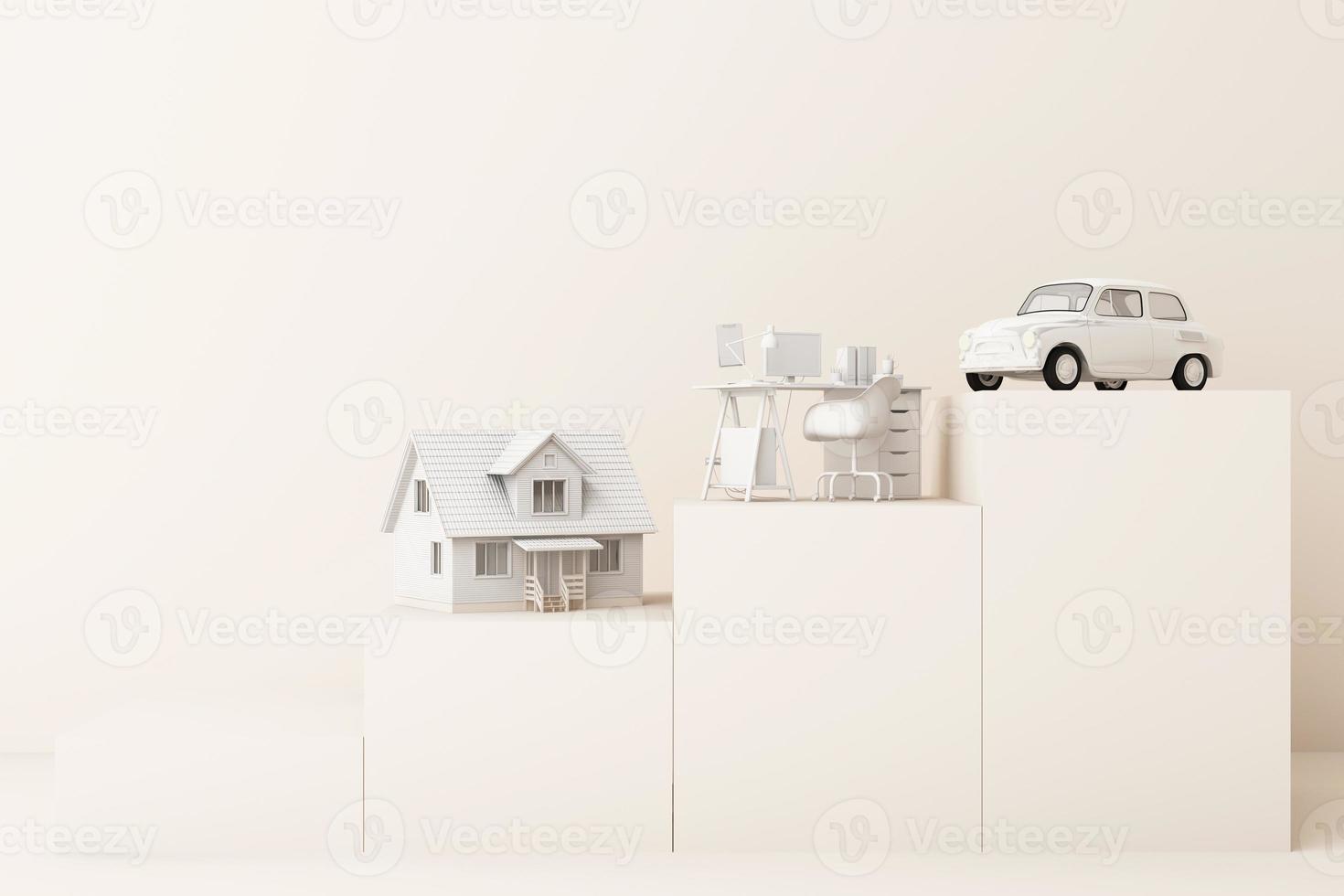 Thinking about home, car and work with another empty space on the yellow pedestal, the concept of life 3D rendering photo