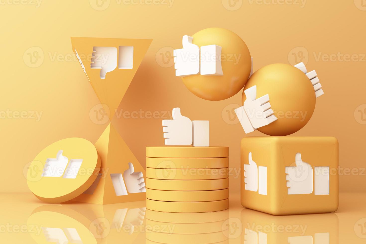 Thumb up symbol, finger up icon, like icon on yellow geometric shapes. 3d rendering photo