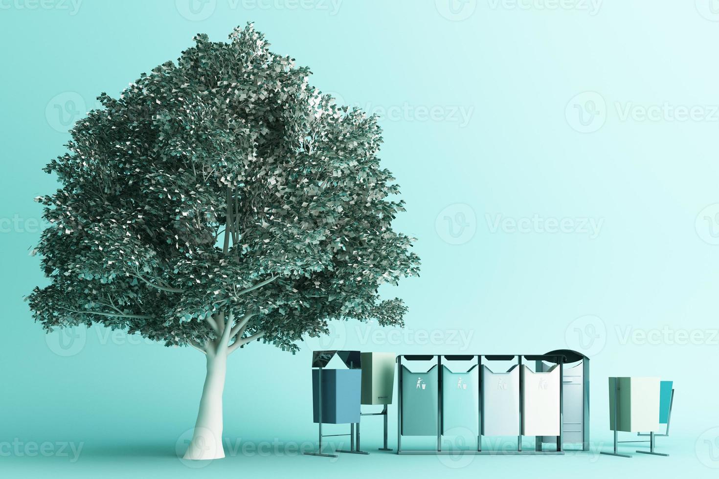 The tree is surrounded by many recyclable bins on a white background. 3D rendering. photo