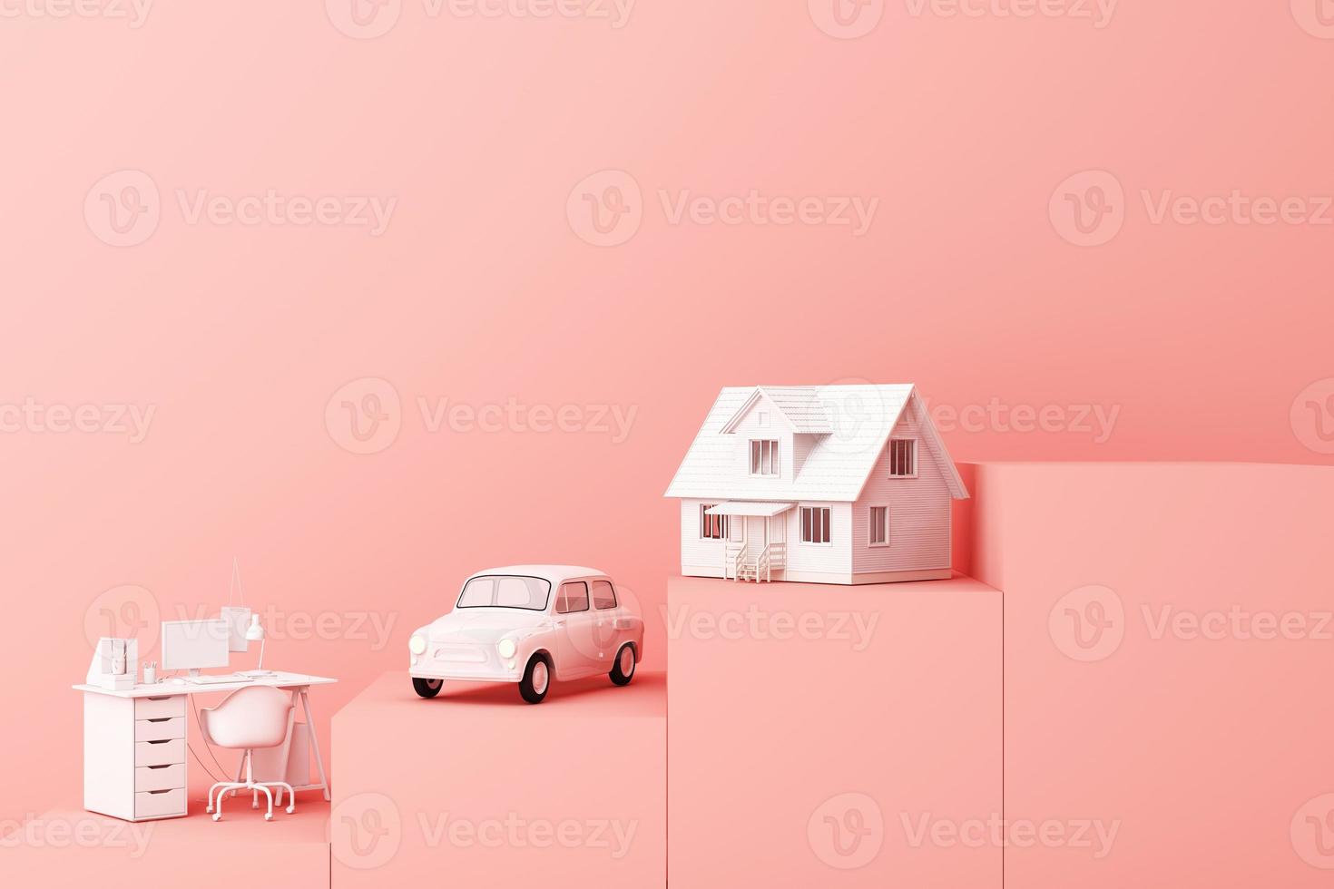 Thinking about home, car and work with another empty space on the yellow pedestal, the concept of life 3D rendering photo