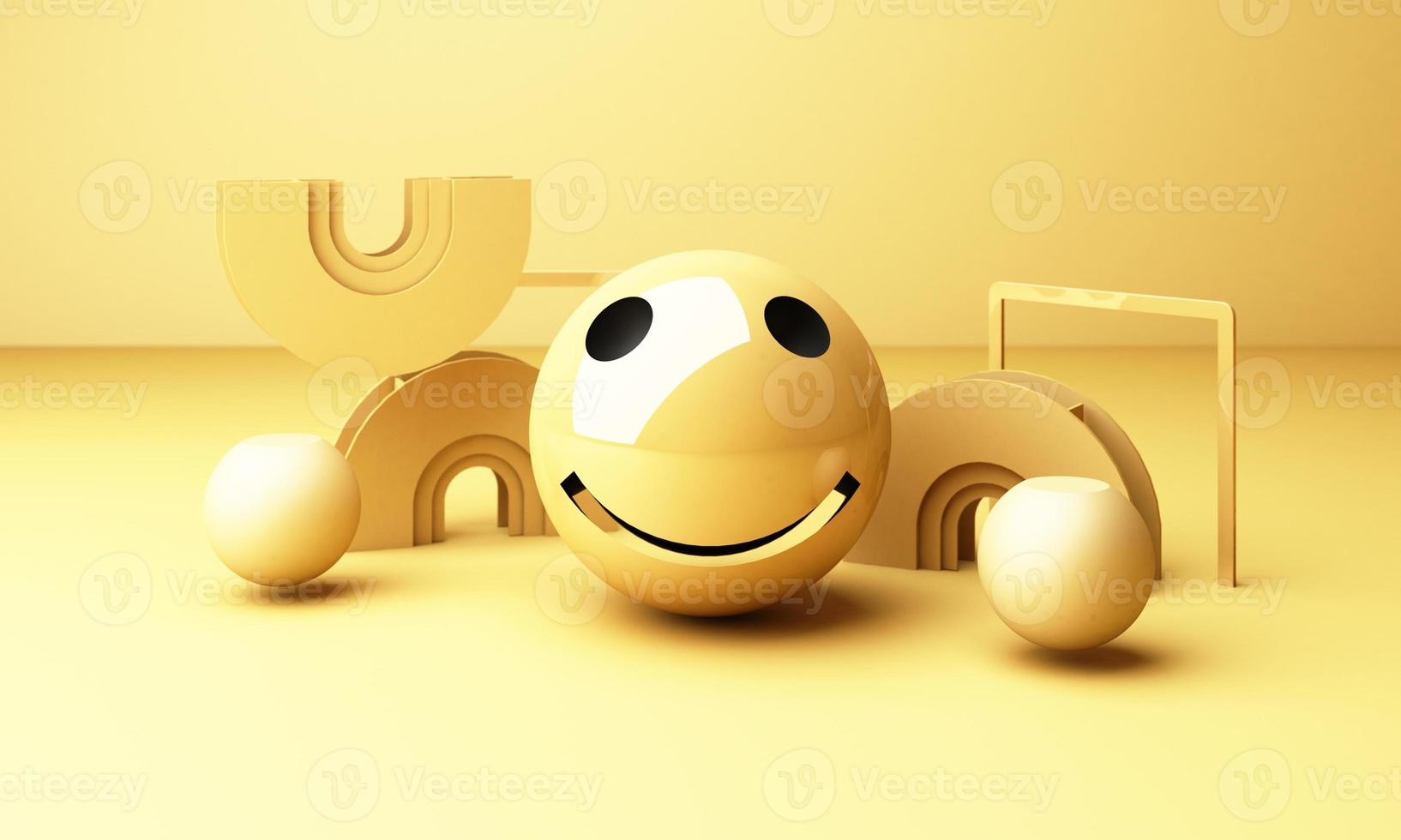 High quality emoticon isolated on yellow background.Emoticon with headphones.Yellow face with headphones. 3d rendering photo