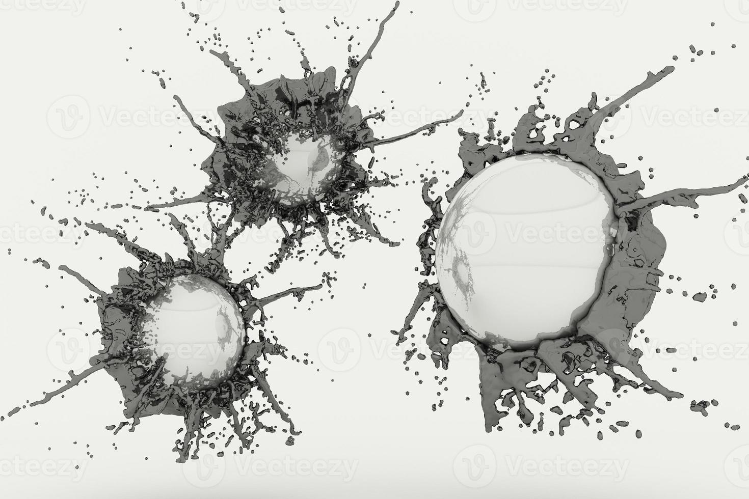 Abstract black water ball splash isolated on yellow background. 3d rendering photo