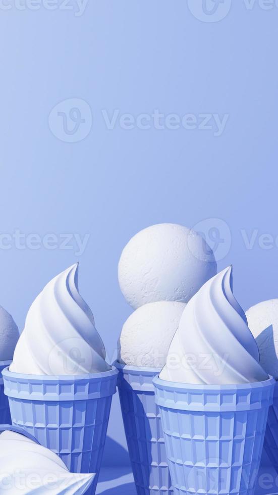 Milk ice cream with sweet wafer cone on turquoise color background minimal concept 3d rendering photo
