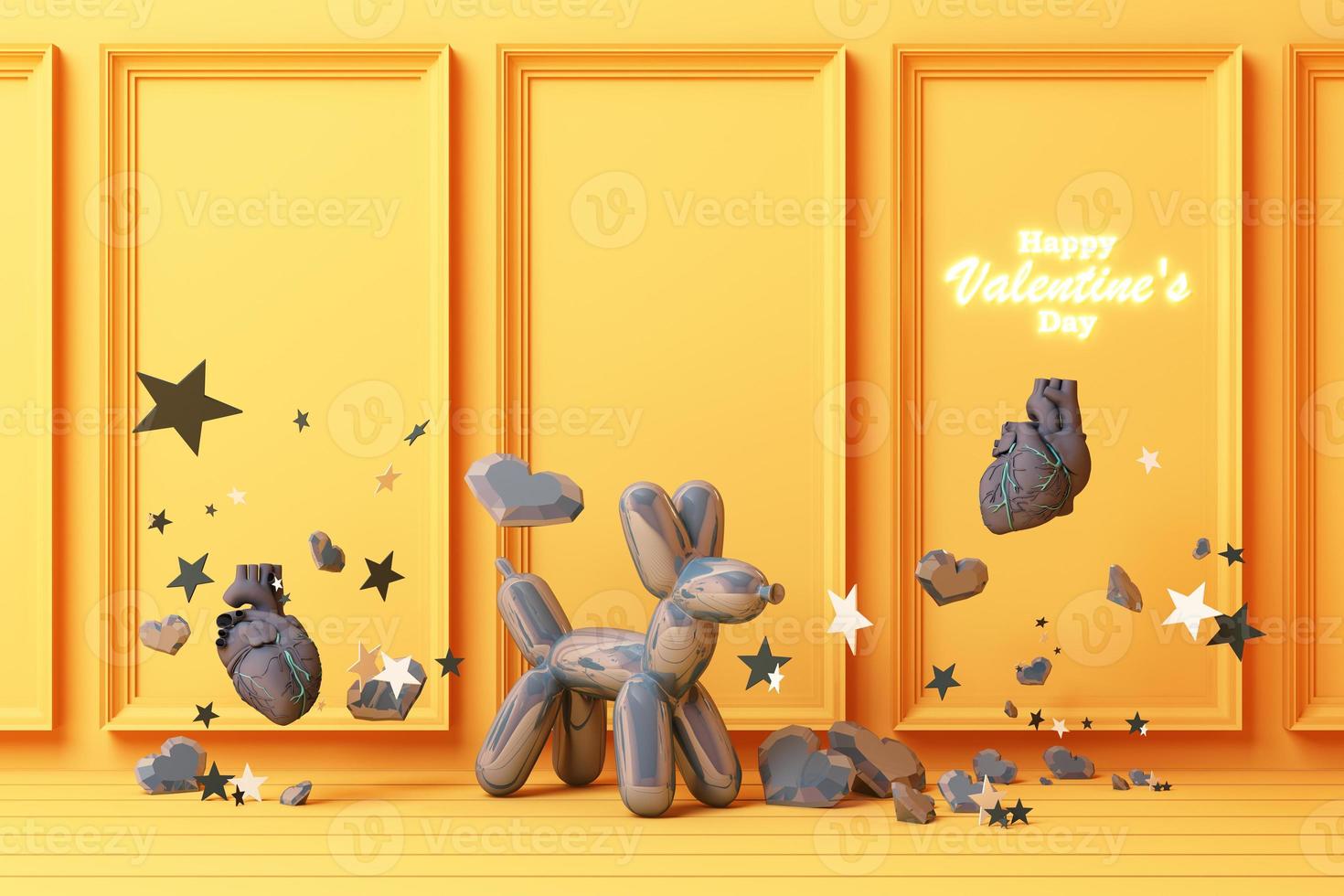 Valentine's day concept background with red and pink hearts star rose with white square frame and love decoration 3d rendering photo