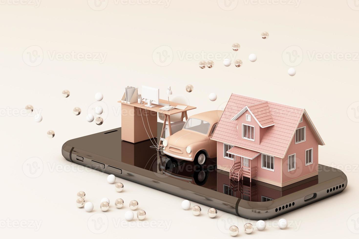 A house and vintage car and working table on the phone in yellow and green color. 3D rendering photo